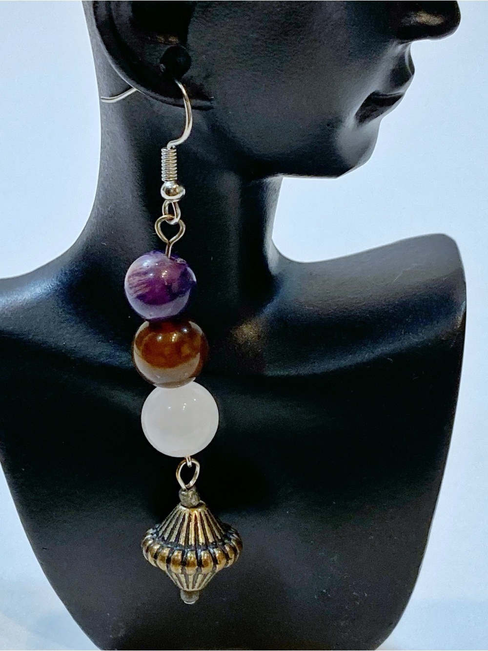 Handmade Amethyst Brown Rose Quartz gemstone Dangle Earring Antique Accent
